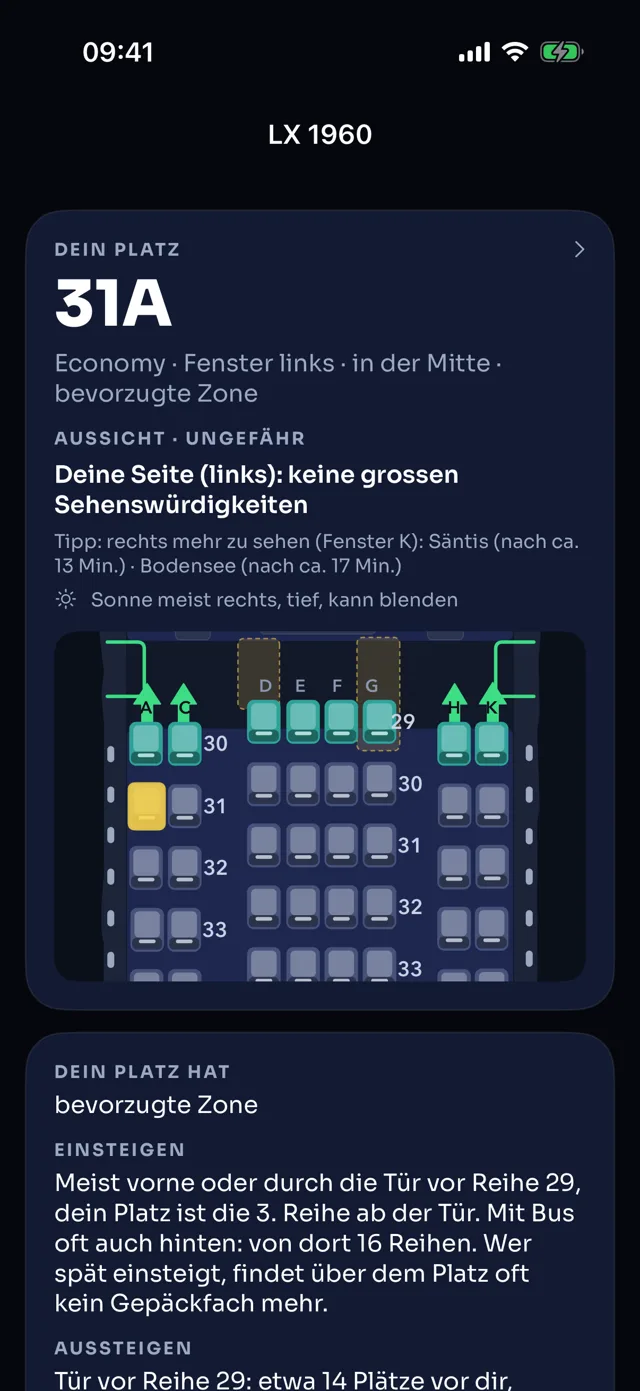 Sitzplan Airbus A330-300 mit Platz 31A markiert, Fenster links, Hinweise zur Aussicht und zum Einsteigen