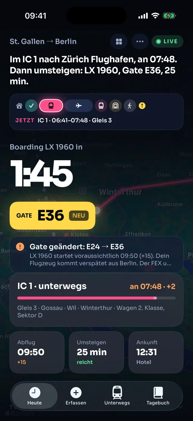Traceflap am Morgen: Boarding LX 1960 in 1 Stunde 45, Gate E36 neu, Gatewechsel von E24
